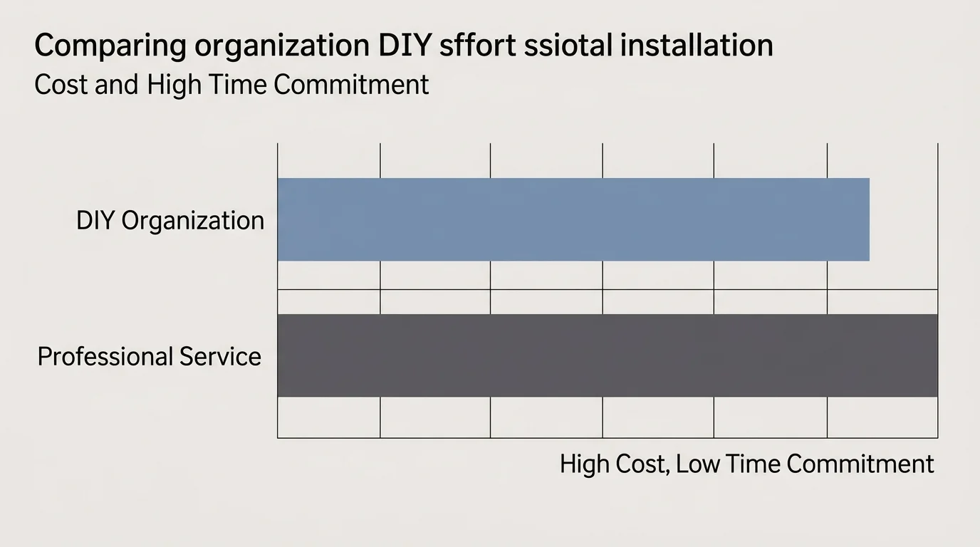 A minimalist horizontal comparison chart showing the trade-offs of DIY versus professional garage organization.