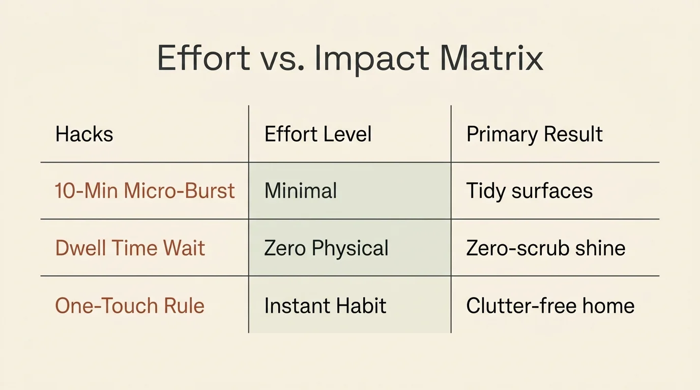 A minimalist horizontal diagram comparing three cleaning hacks by their effort level and primary results.