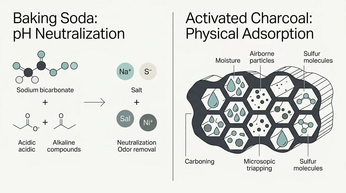 A minimalist horizontal diagram explaining how baking soda chemically neutralizes odors and activated charcoal physically traps them.