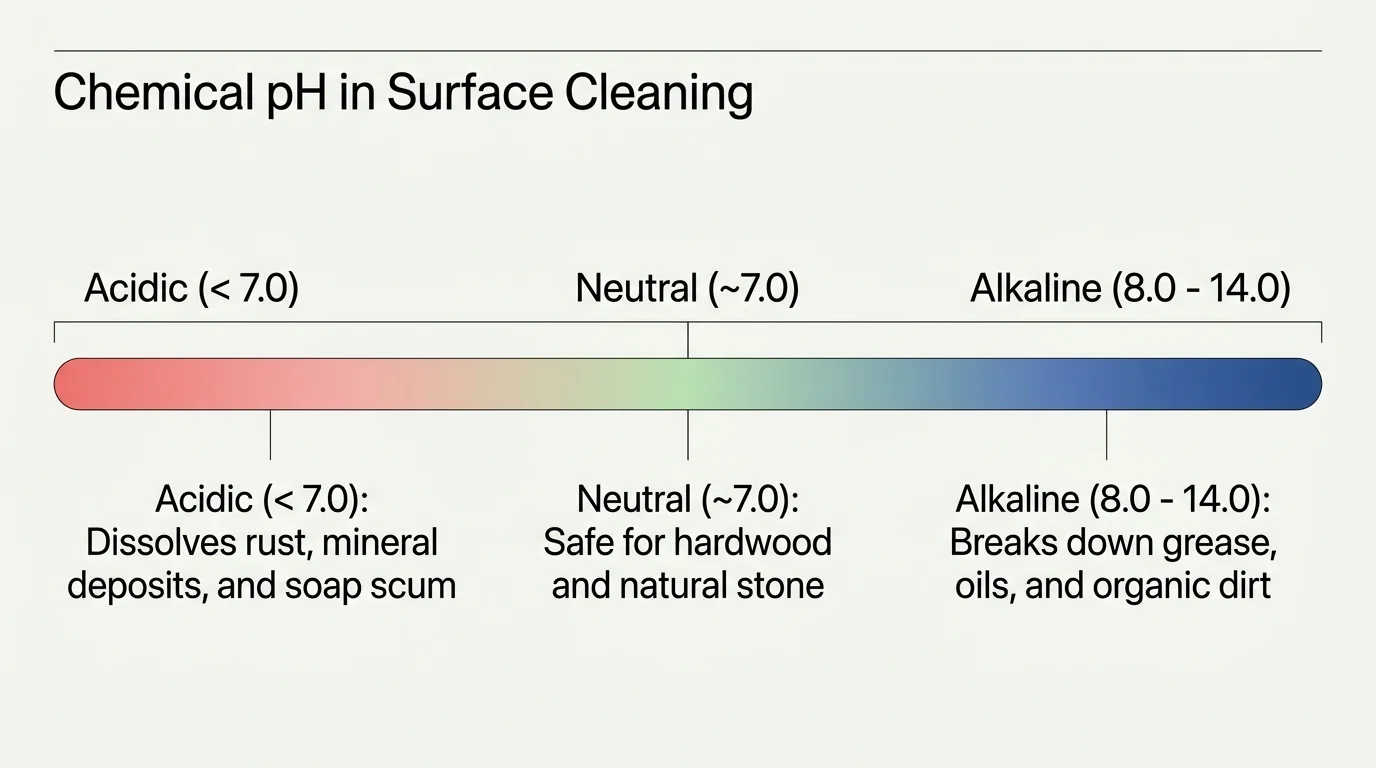 A minimalist horizontal pH scale diagram explaining acidic, neutral, and alkaline cleaning properties.
