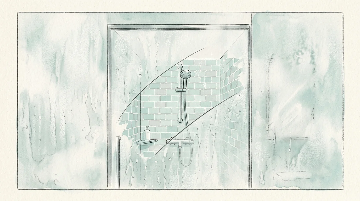 A minimalist illustration of a fogged-up shower glass door with a single clear swipe revealing the clean tub inside.