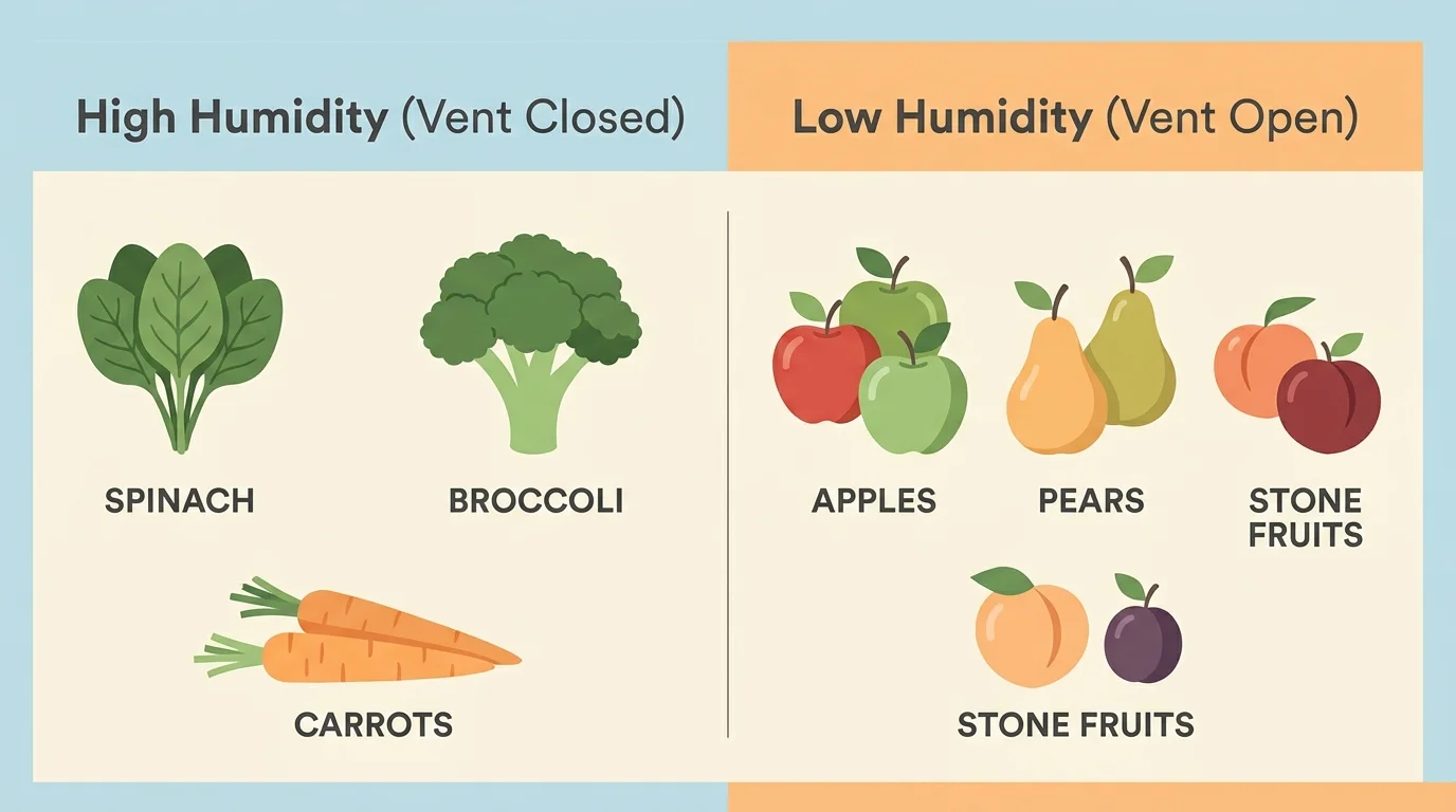 A minimalist infographic chart showing which fruits and vegetables belong in high versus low humidity drawers.