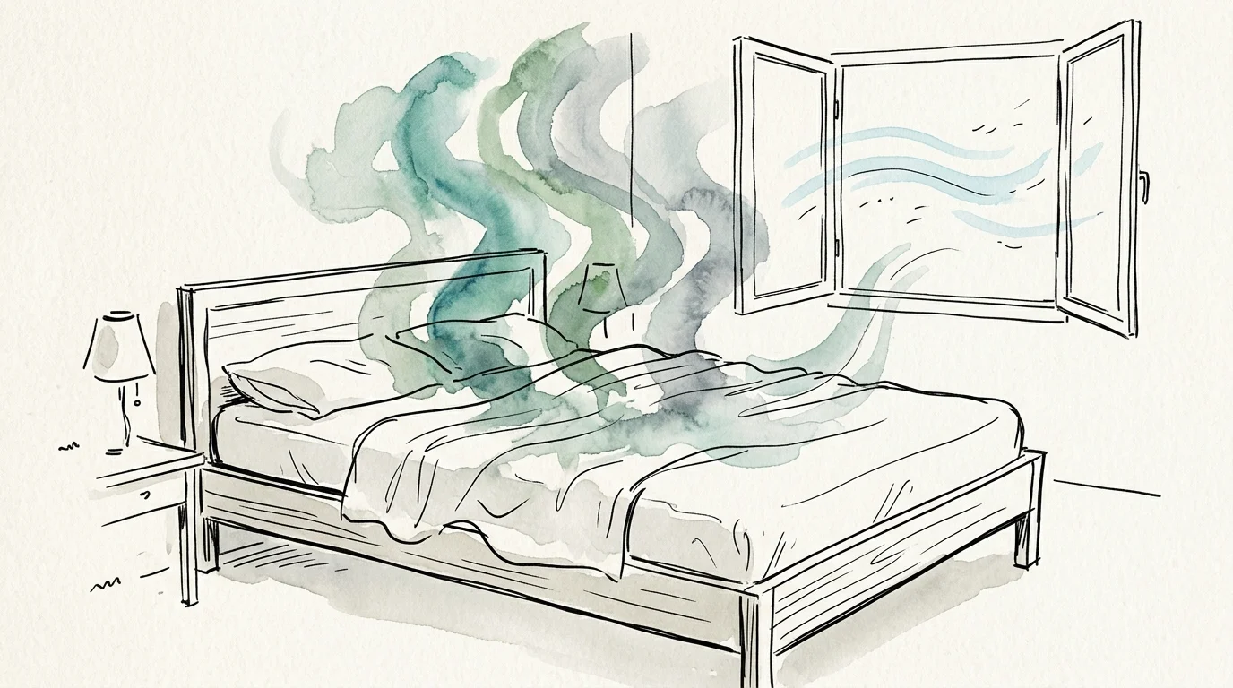 A minimalist ink and watercolor drawing of damp teal and gray vapors rising from a bed, symbolizing trapped moisture.