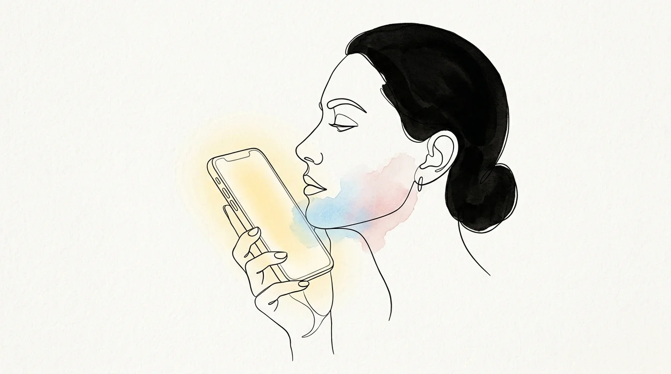 A minimalist ink and watercolor illustration of a face holding a phone, with soft color washes indicating contact points.