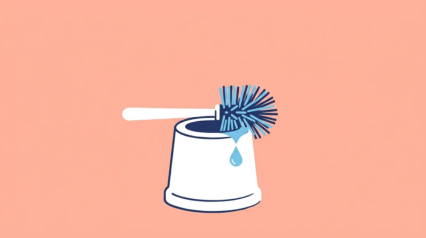 A minimalist screenprint illustration of a toilet brush with flattened, misshapen blue bristles on a peach background.
