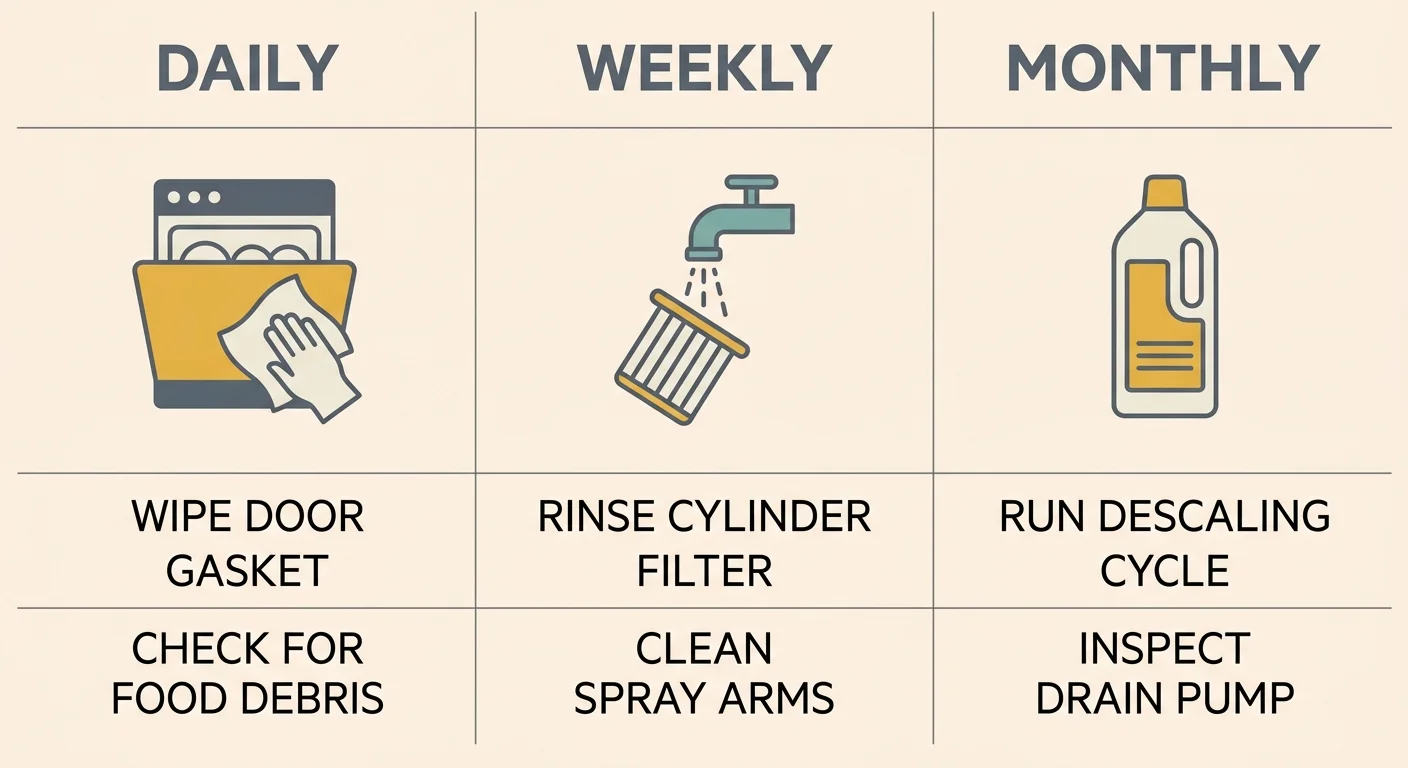 A minimalist three-column diagram outlining daily, weekly, and monthly dishwasher maintenance frequencies.