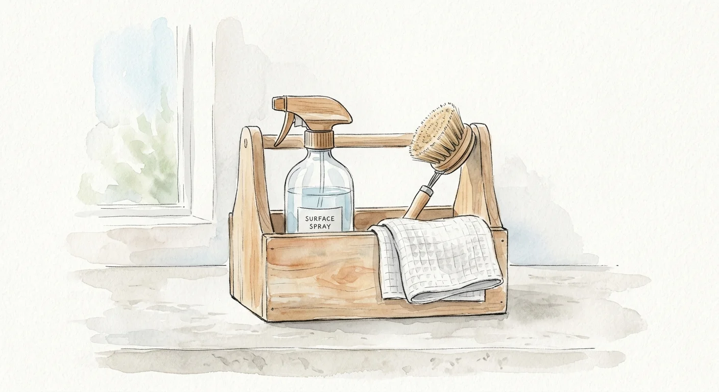 A minimalist watercolor painting of a wooden cleaning caddy with a glass spray bottle, scrub brush, and a waffle-knit cloth.