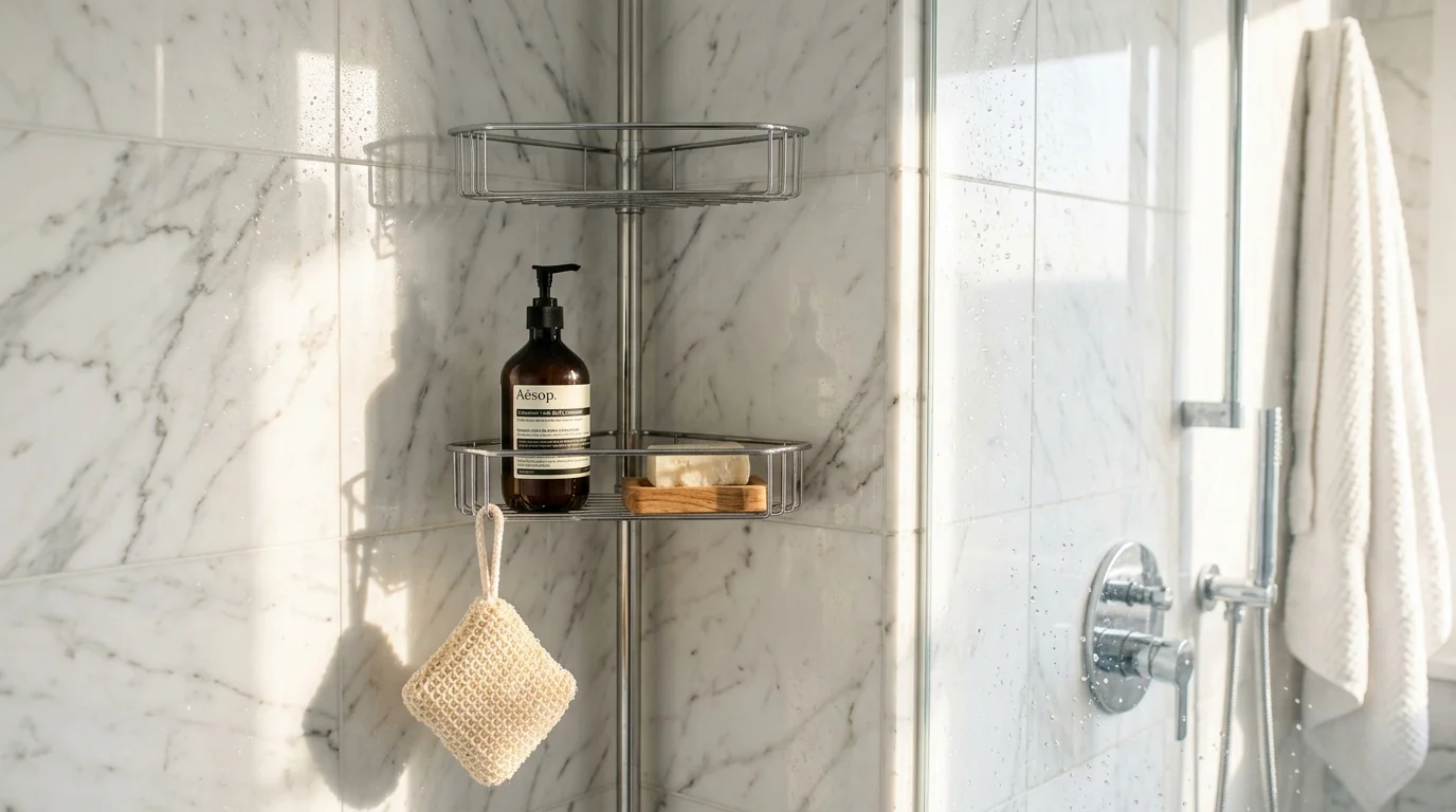 A modern chrome corner shelf unit holding soap and bath accessories in a marble-tiled shower.