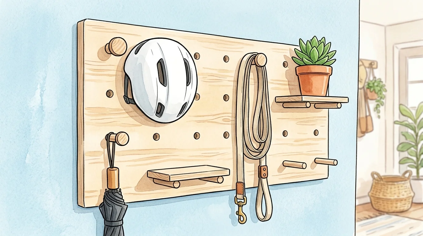 A modern watercolor illustration of an organized birch wood pegboard with pegs holding a helmet, dog leash, and small shelf.