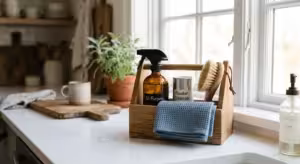 A neatly organized wooden cleaning caddy with essential supplies on a sunlit kitchen counter.