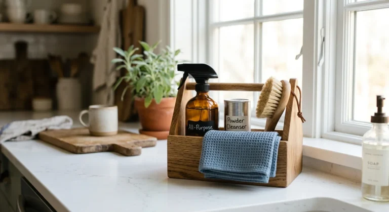 A neatly organized wooden cleaning caddy with essential supplies on a sunlit kitchen counter.