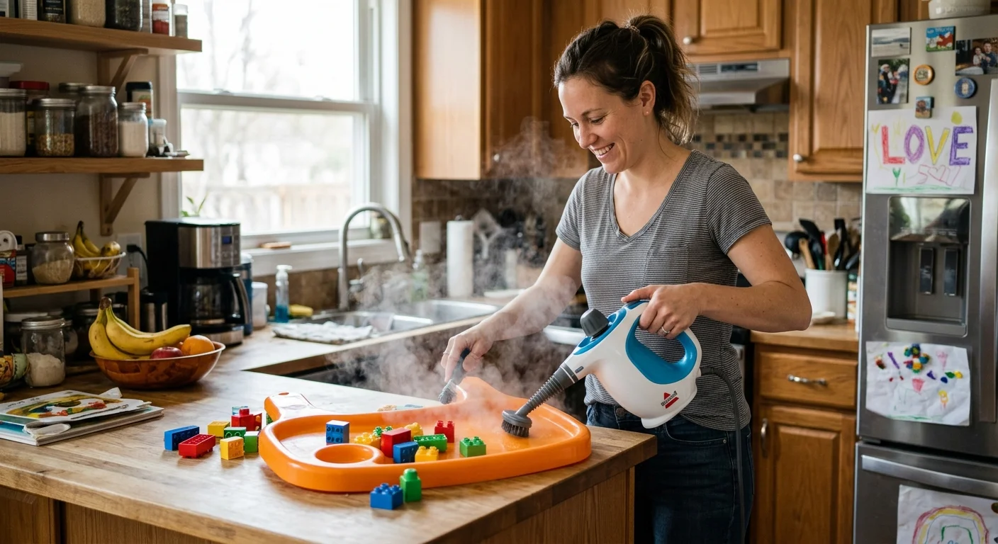 A parent sanitizing a baby high chair tray and plastic toys with a handheld steam cleaner in a kitchen.