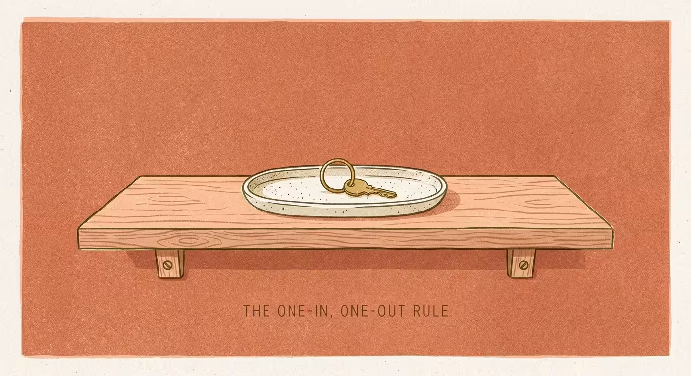 A peaceful risograph illustration of a single minimalist shelf with a key tray, representing maintained order.