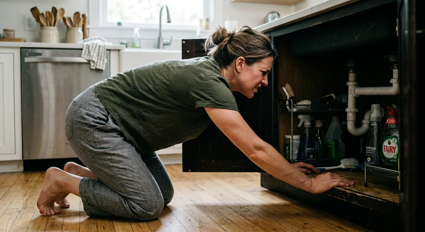 A person awkwardly kneels and reaches deep into a dark kitchen lower cabinet, showing physical strain.