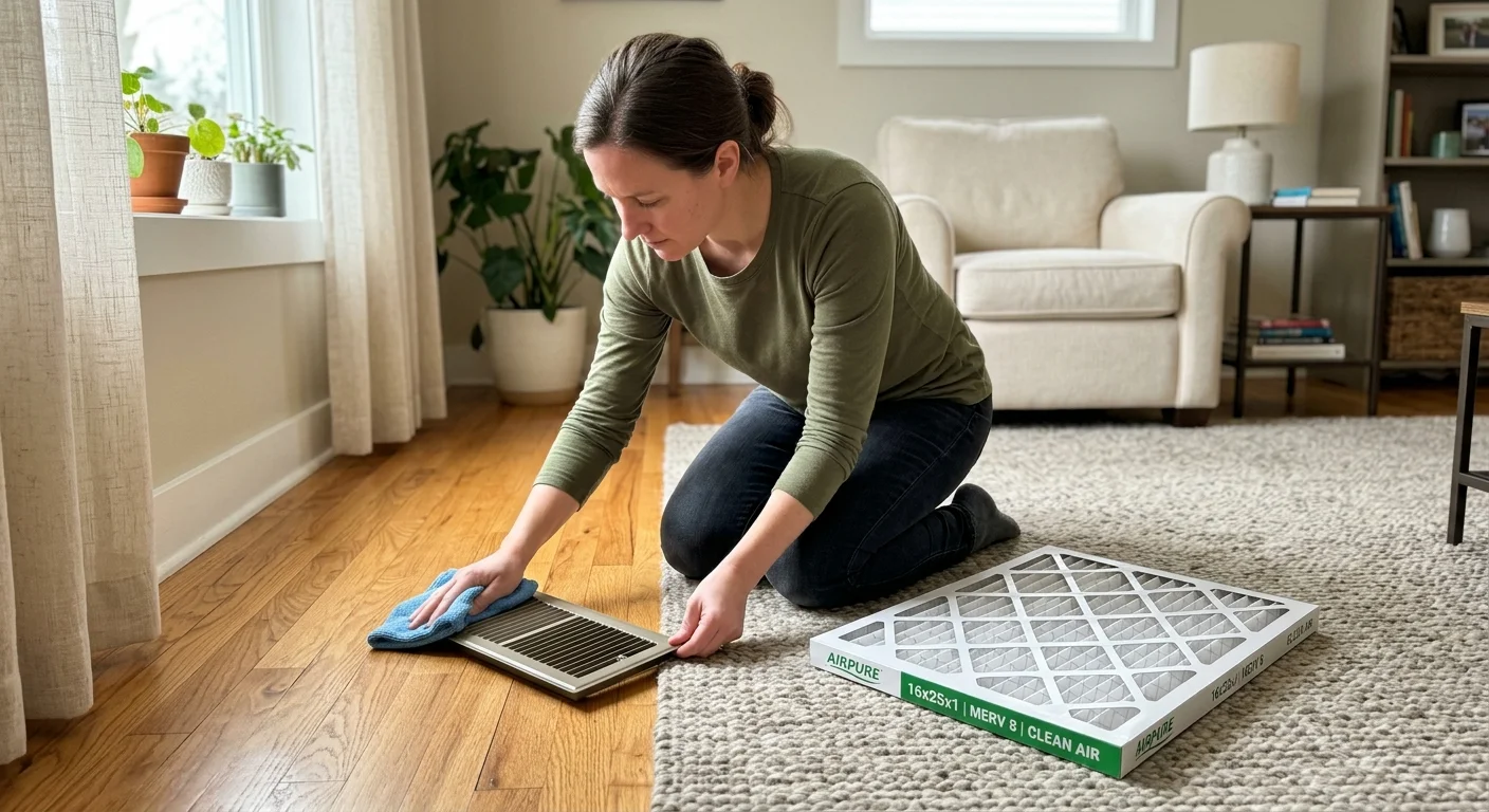 A person cleans a metal floor vent register with a cloth next to a fresh, clean replacement HVAC air filter.
