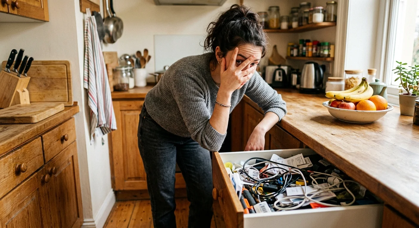 A person in a kitchen looking down at an open drawer with their hand over their face in frustration and avoidance.