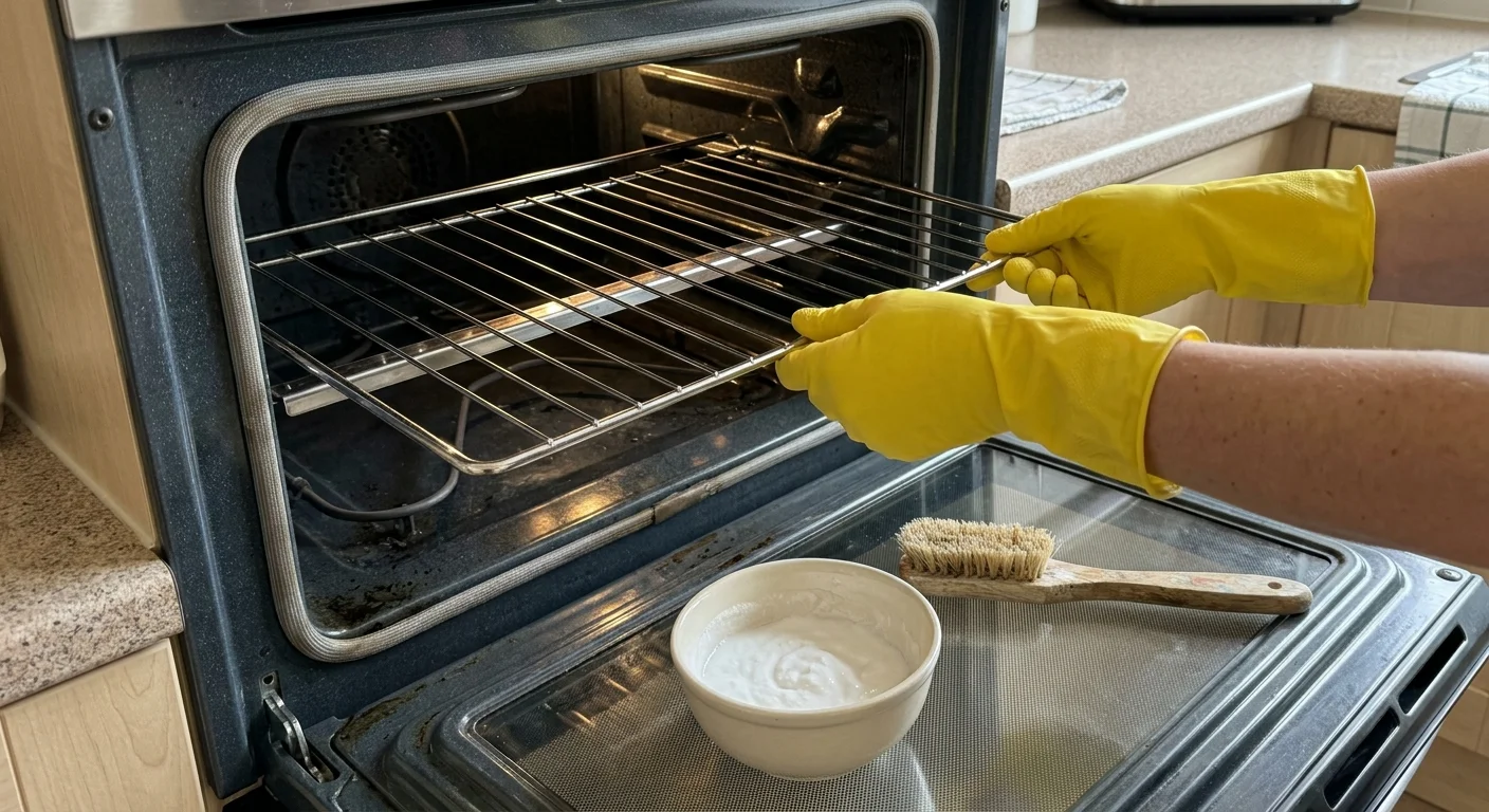 A person in yellow gloves slides a clean rack back into a spotless, open oven.