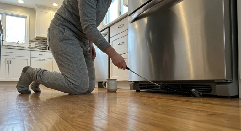 A person kneeling on a wood floor inserts a long, flexible coil brush beneath a stainless steel refrigerator.