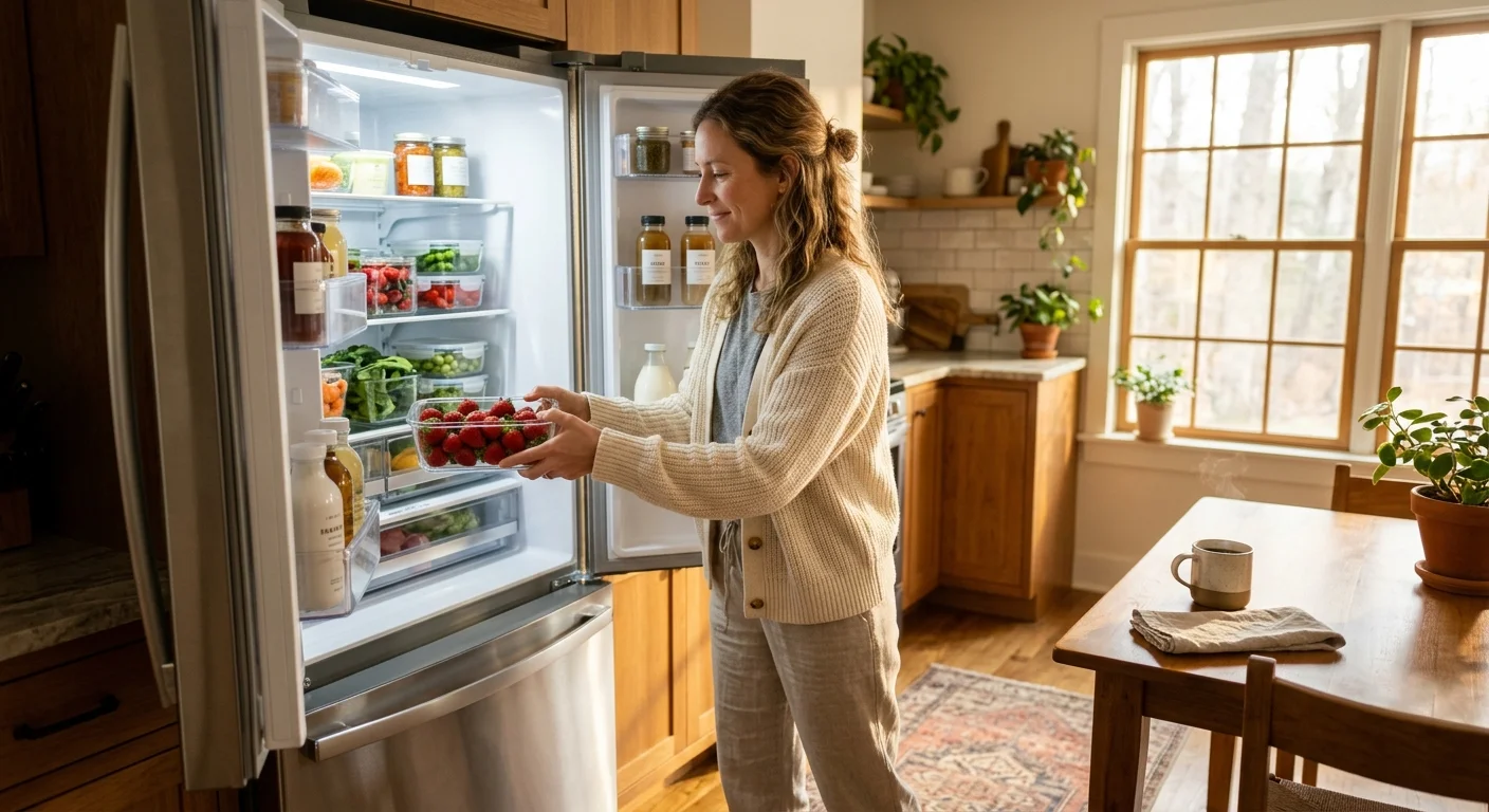A person placing a fresh, organized container of strawberries into a clean, sun-drenched refrigerator.