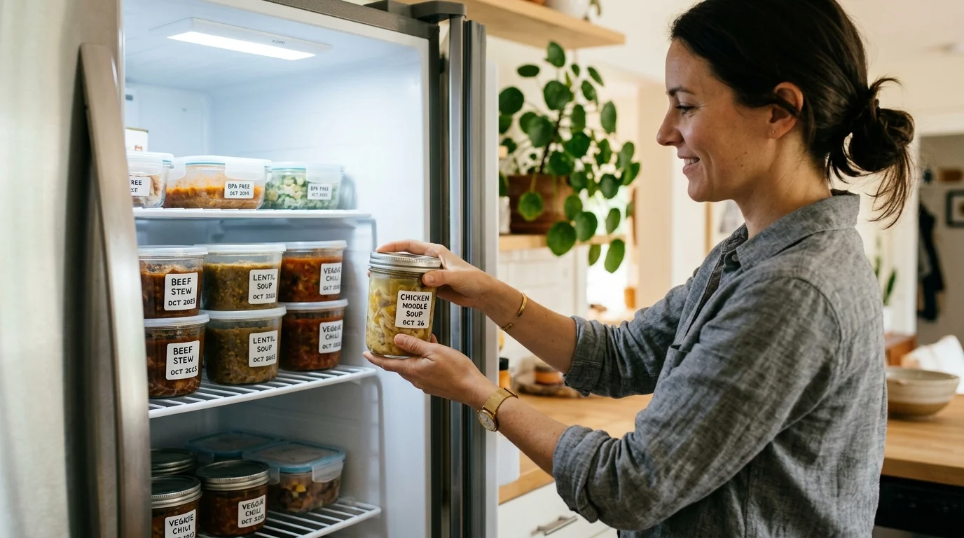 A person placing neatly labeled meal prep containers onto the middle shelf of a clean freezer.