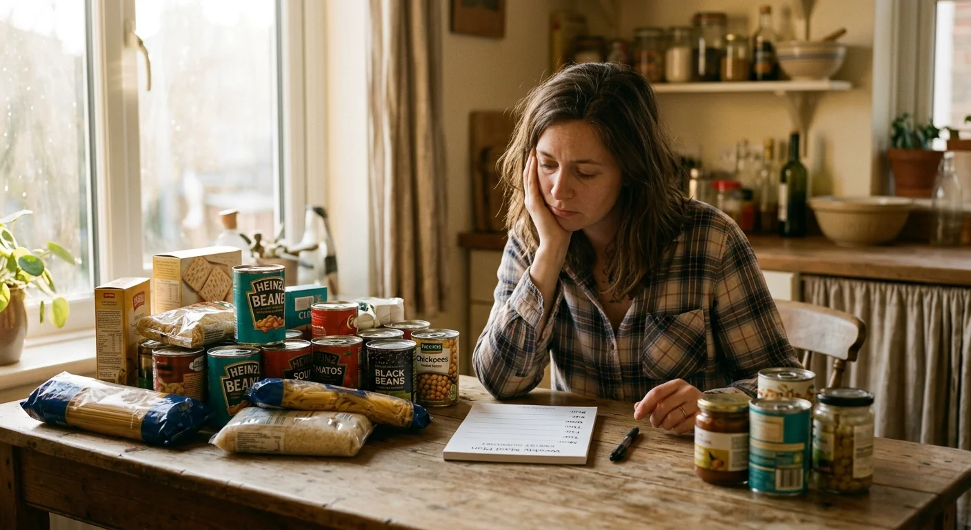 A person sitting at a wooden kitchen table, looking tiredly at a blank meal planner notepad surrounded by a chaotic pile of pantry ingredien