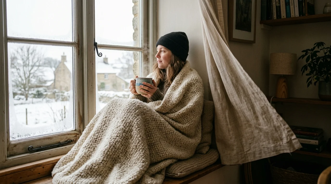 A person wrapped in a thick blanket sitting by a window as a draft flutters a narrow curtain.