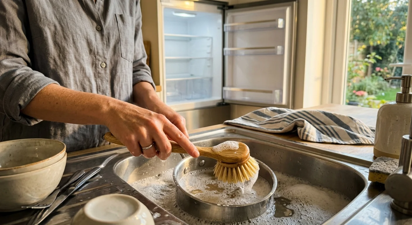 A photo of hands holding a scrub brush over a soapy sink, with a clean, open refrigerator in the warm, sunlit background.