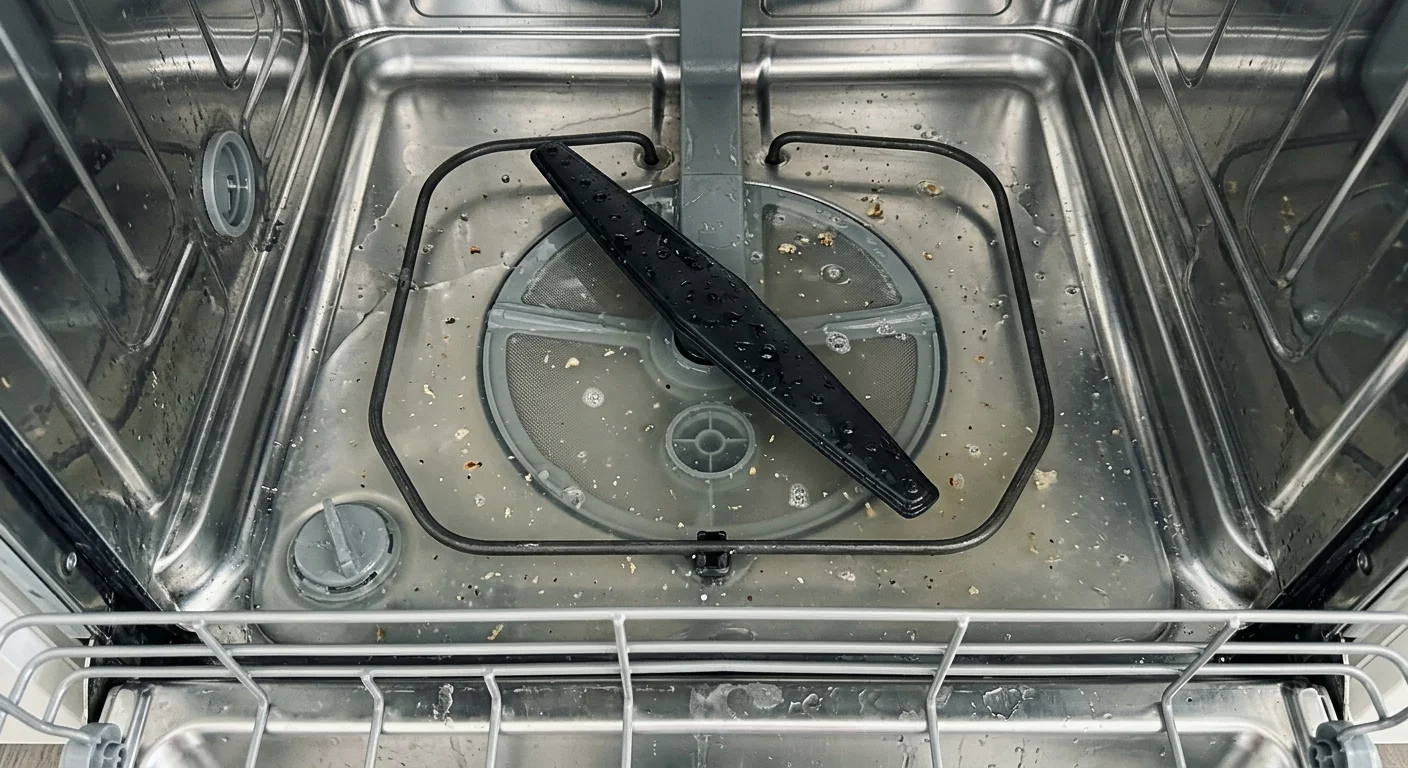 A photograph looking down at murky gray water pooling on the stainless steel floor of a dishwasher above the filter.
