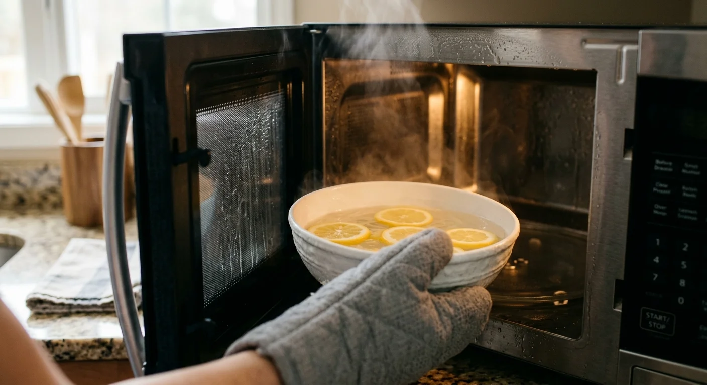 A photograph of a hand pulling a steaming bowl of hot water and sliced lemons out of a condensation-slicked microwave.