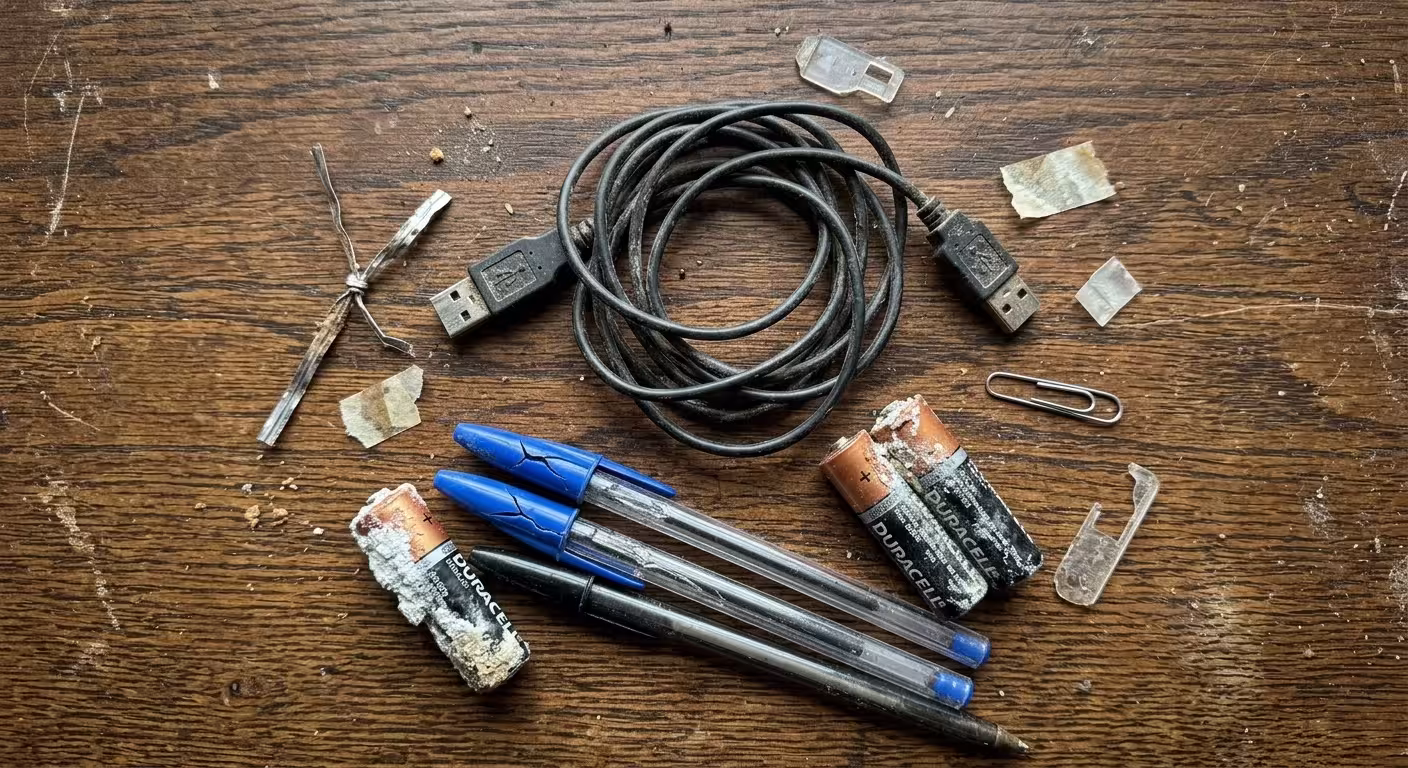 A photograph of corroded AA batteries, cheap cracked pens, and a tangled black cable on a wooden table.