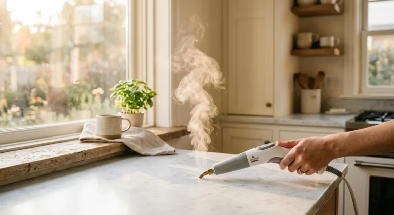 A plume of white steam rises from a steam cleaner nozzle on a sunlit marble kitchen countertop.