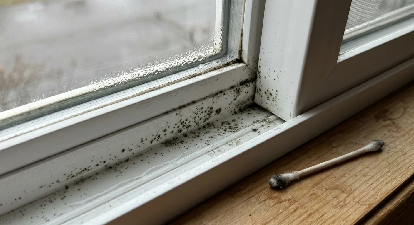 A realistic close-up photo of a damp window track with dark green and black mold spots growing in the pooled condensation.