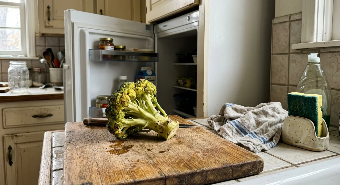 A realistic photo of a yellowing, wilted head of broccoli on a wooden cutting board in a home kitchen.