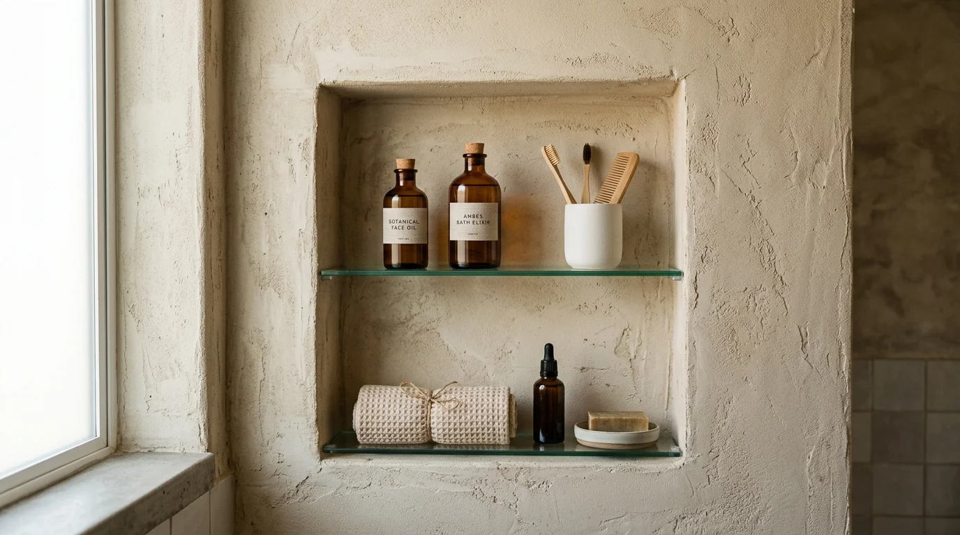 A recessed wall niche with glass shelves holding amber bottles and bamboo toothbrushes.