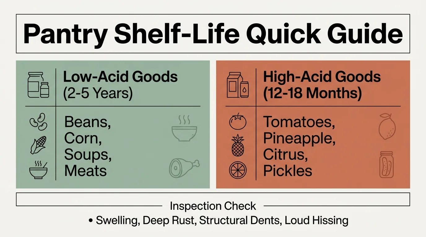 A reference table listing shelf life for low-acid (2-5 years) and high-acid (12-18 months) canned goods, with safety inspection checks.