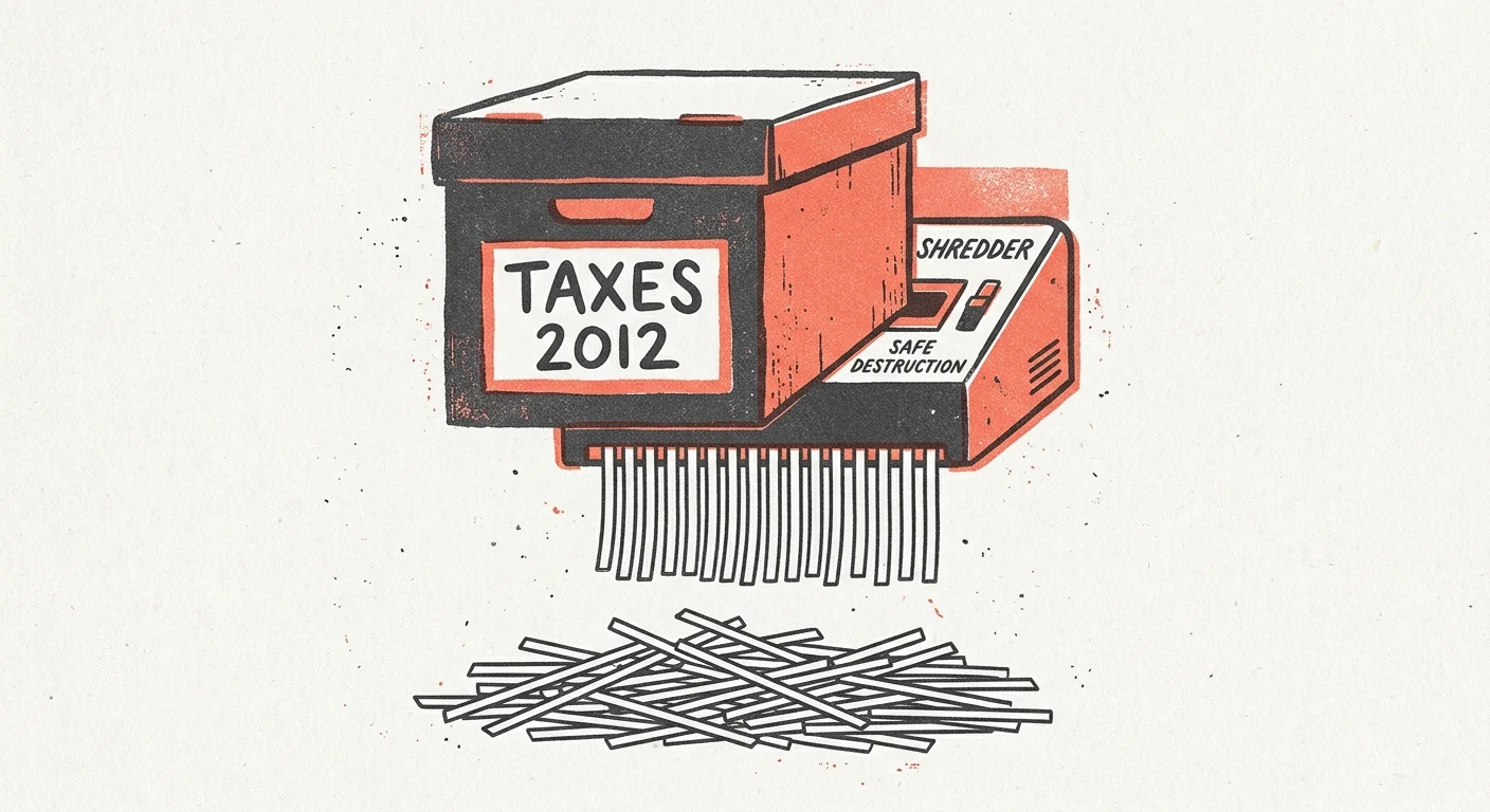 A risograph illustration of an old tax document archive box being shredded into neat strips.