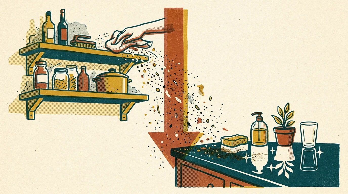 A risograph illustration of dust falling from high shelves onto clean lower counters, showing cleaning out of order.