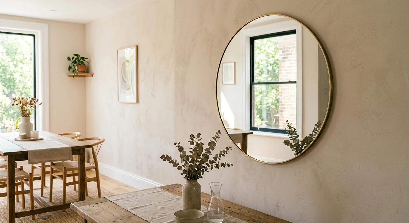A round brass-framed mirror on a beige wall reflecting a sunlit window, brightening the dining room.