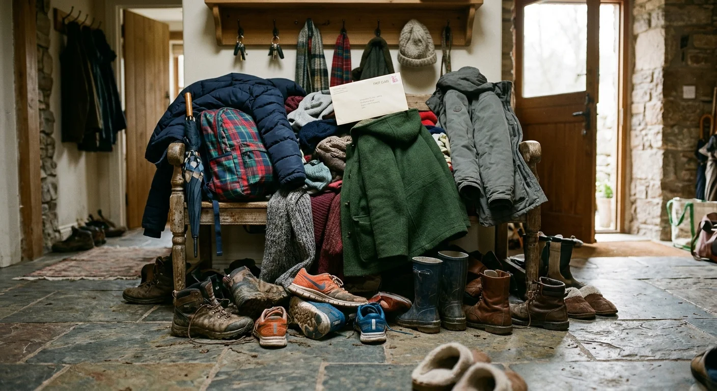 A rustic entryway bench piled high with coats, bags, and shoes spilling onto a slate tile floor.