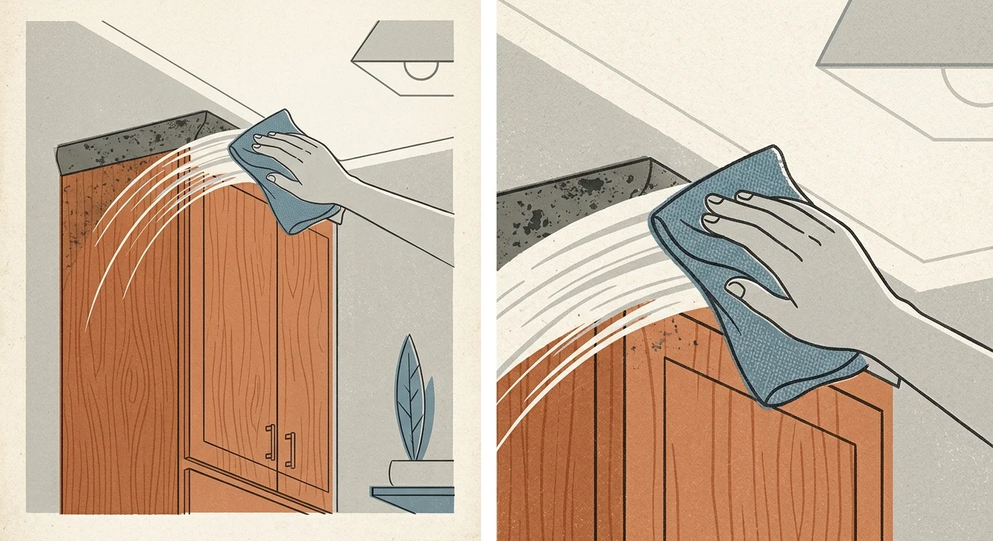 A screenprint illustration of a hand wiping down the dusty top edge of a tall kitchen cabinet.