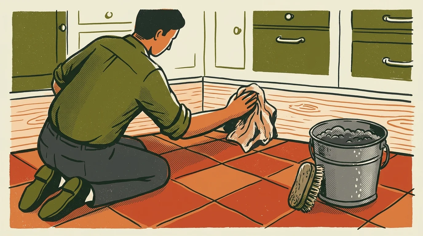 A screenprint illustration of a person kneeling to wipe down clean kitchen baseboards.