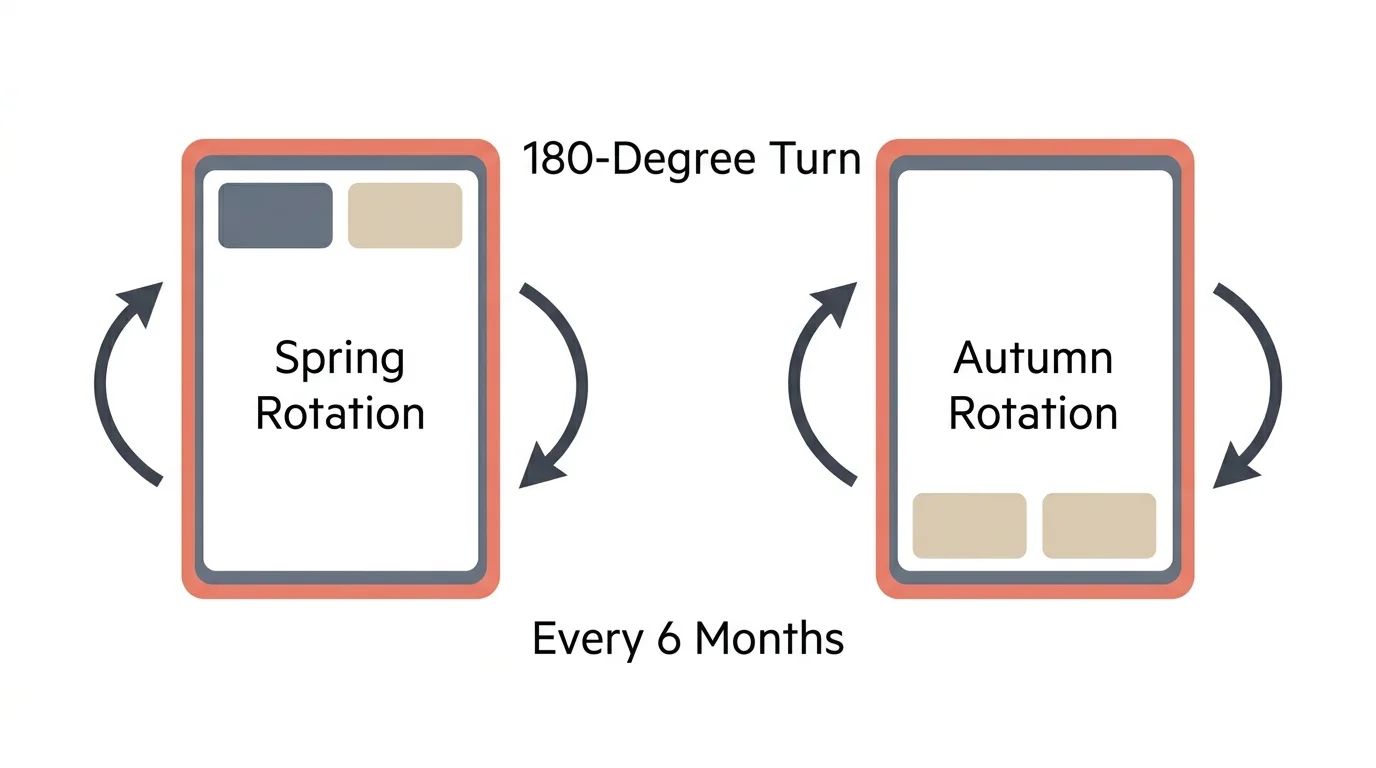 A seasonal mattress rotation diagram showing 180-degree turn instructions for Spring and Autumn maintenance.