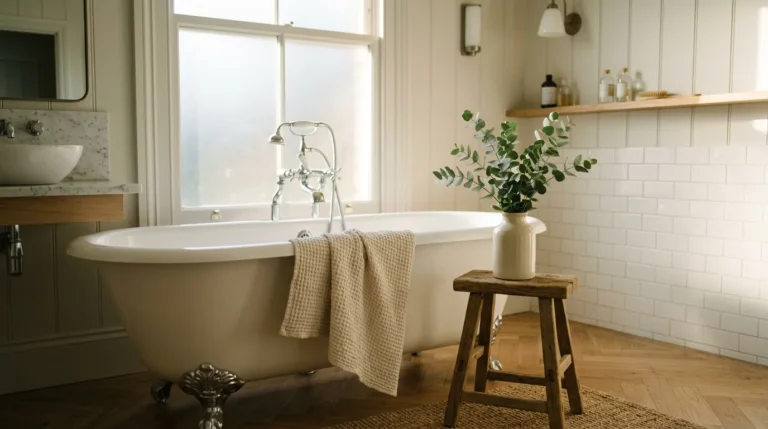 A serene, clean bathroom with a white clawfoot tub, wooden stool, and a linen towel, lit by warm afternoon sun.