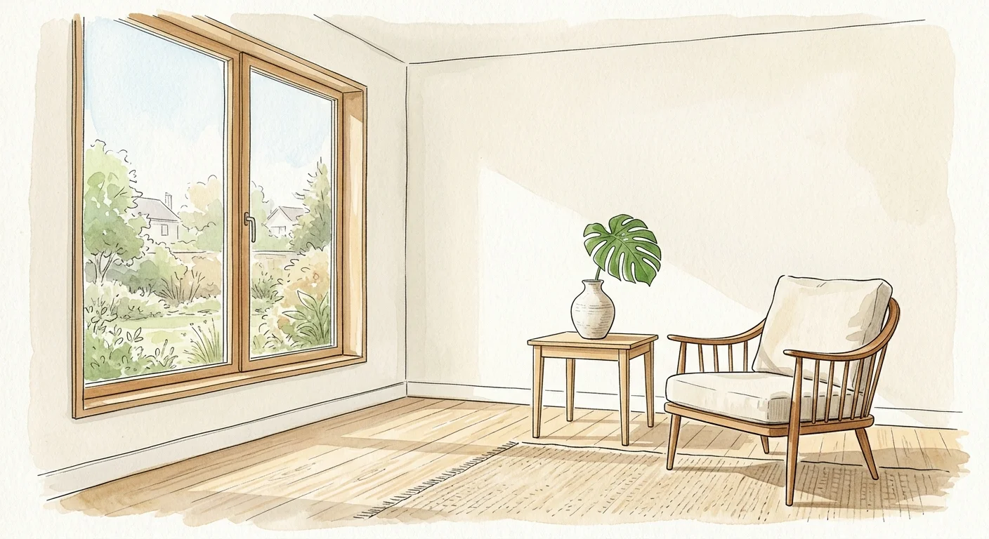 A serene watercolor illustration of a clean, decluttered room with an armchair, a wooden table, and morning sun streaming in.