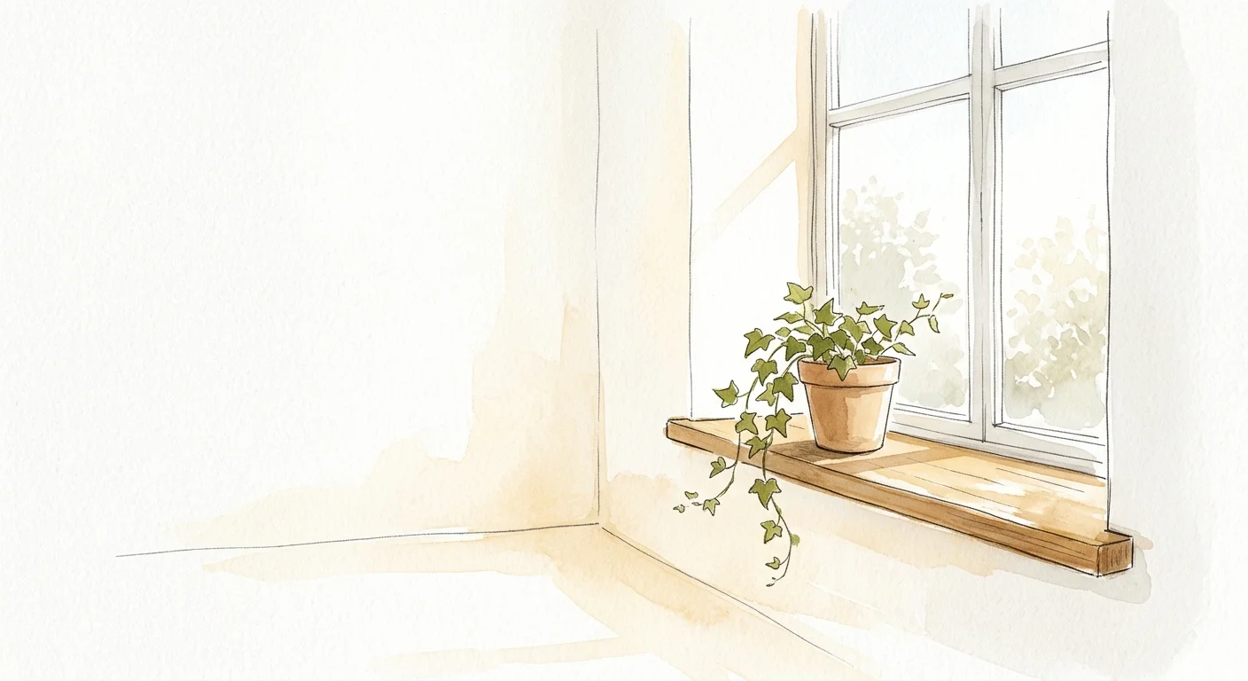 A serene watercolor illustration of a sunlit window with a small potted ivy plant, representing a simplified, peaceful home.