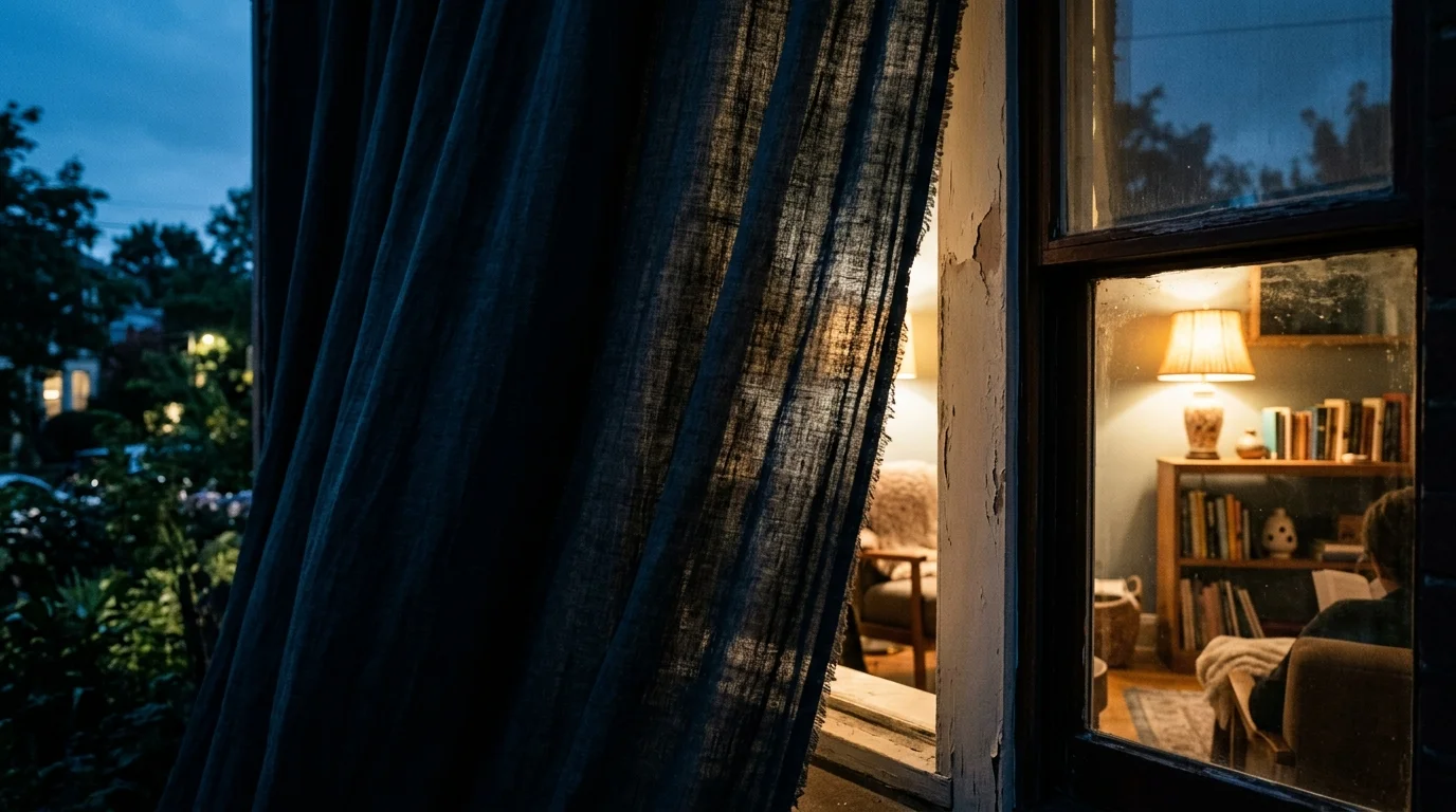 A side angle view showing a clear gap between a narrow curtain and the wall, revealing the lit room inside.