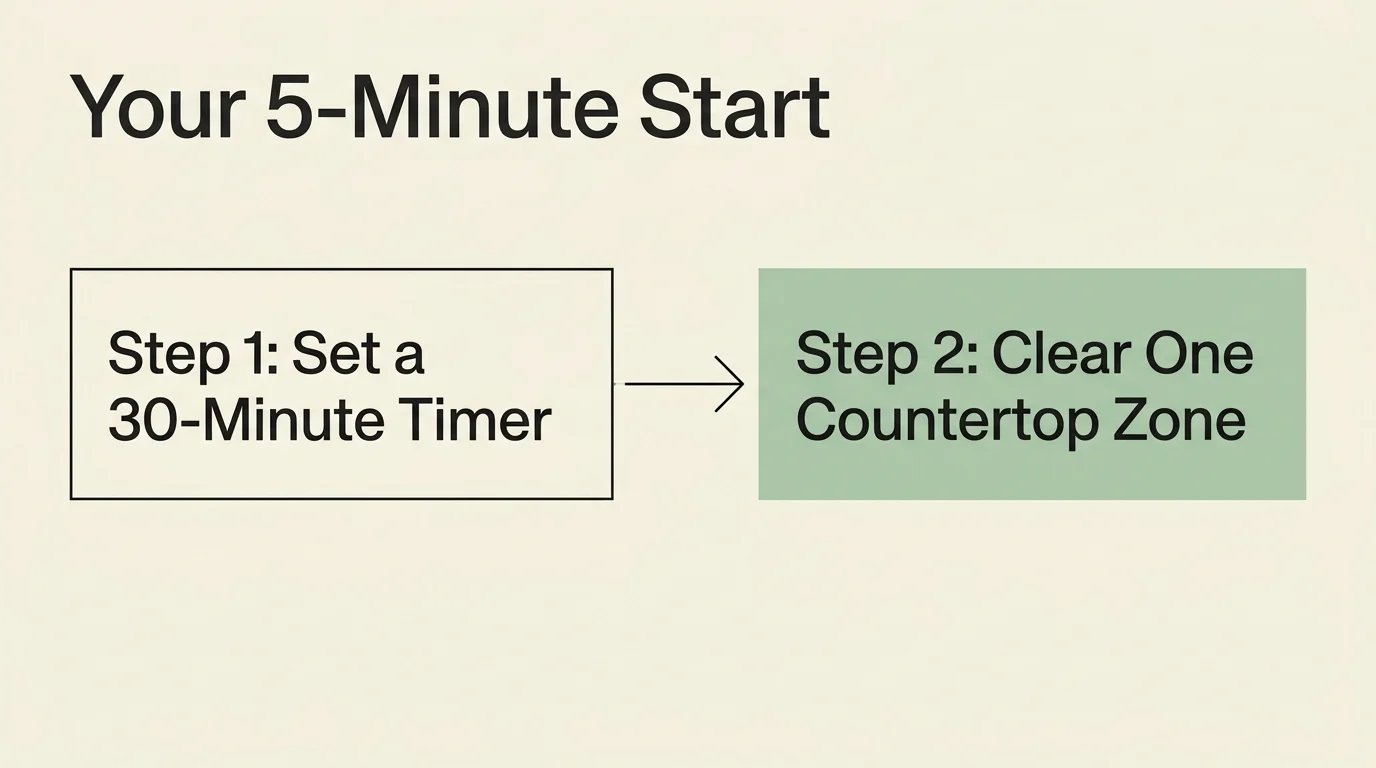A simple 16-to-9 flow chart diagram showing Step 1: Set a 30-minute timer, leading to Step 2: Clear one countertop zone.