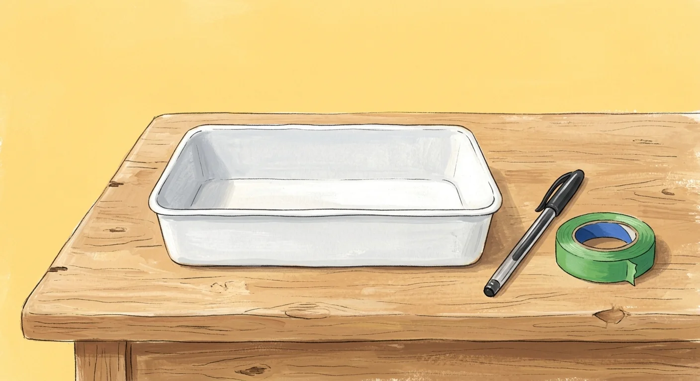 A simple gouache illustration of an empty white organizer tray, a pen, and tape on a yellow background, symbolizing a clean start.