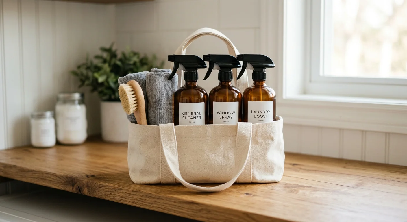 A simplified canvas cleaning tote bag holding amber bottles on a wooden laundry room shelf.