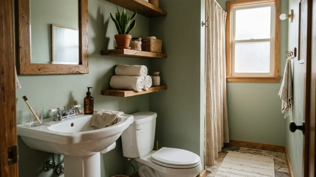 A small, cozy bathroom organized with floating oak shelves above the toilet holding rolled towels and a potted plant.